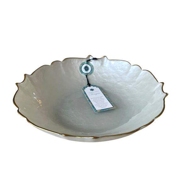 Akcam Pearl White Turkish Glass Bowl Scalloped Gold Edge 9.5" New - Picture 3 of 10